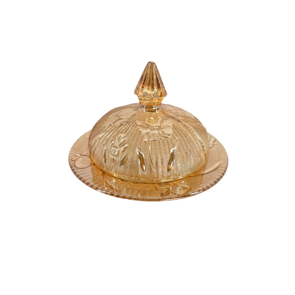 Vintage Jeannette Depression Peach Iridescent Iris and Herringbone Butter Dish